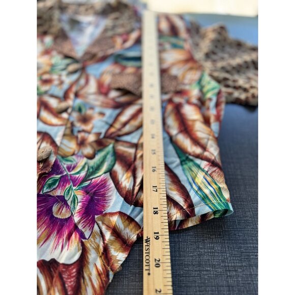 NEW Vintage Cache Floral Animal Print Brown Short Sleeve Tropical Top Blouse M - Picture 9 of 10